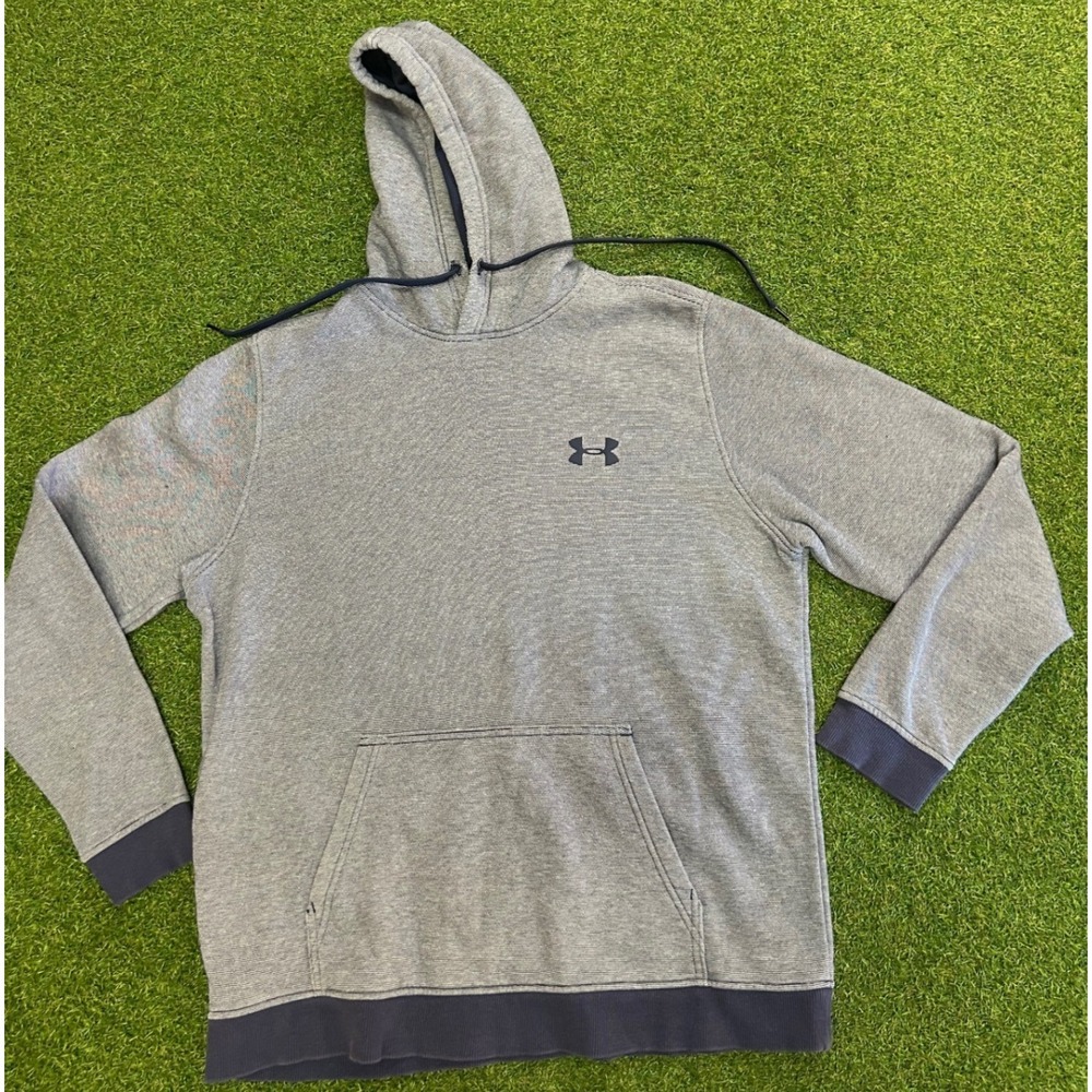 Under Armour Mens Gray Navy Blue Striped Pullover Hoodie Sweatshirt Large